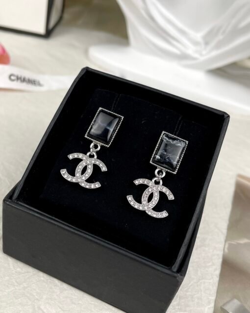 Chanel new style geometric square black resin double C earrings