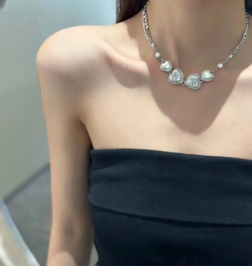 23B white heart full diamond double C silver necklace choker - Image 3