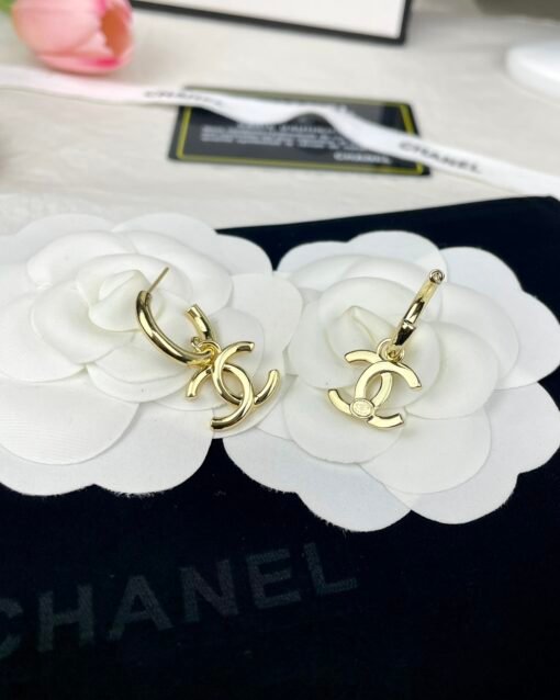 CHANE Chanel New Style Gold Glossy Double C Ear Hook Earrings - 图片 4