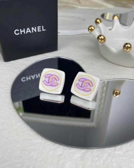 CHANE Chanel new square resin acrylic pink double c stud earrings - 图片 4