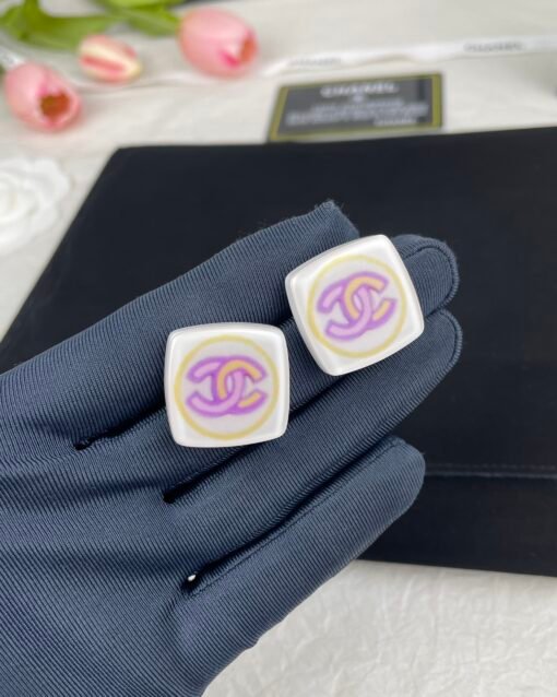 CHANE Chanel new square resin acrylic pink double c stud earrings - 图片 3