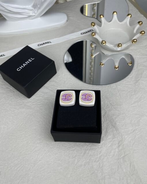 CHANE Chanel new square resin acrylic pink double c stud earrings - 图片 5