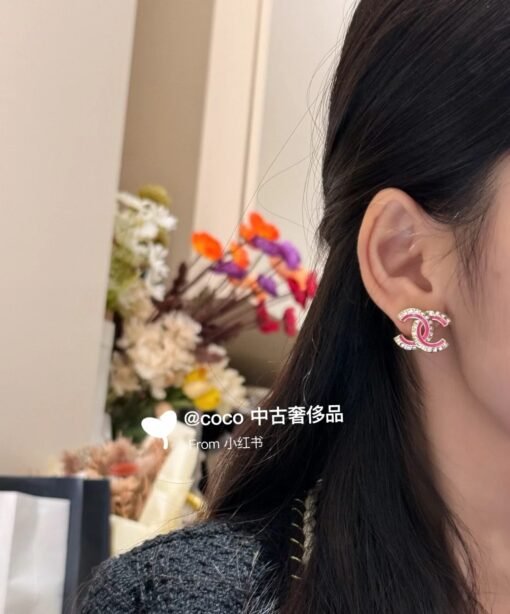 CHANE new Chanel 24C new square diamond pink black oil dripping enamel stud earrings - 图片 8