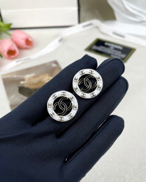 Chanel 24P white enamel hollow double C round stud earrings