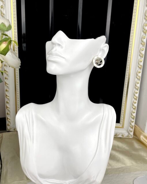 Chanel 24P white enamel hollow double C round stud earrings - Image 6