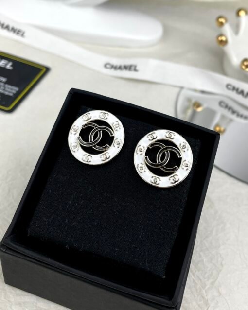 Chanel 24P white enamel hollow double C round stud earrings - Image 2