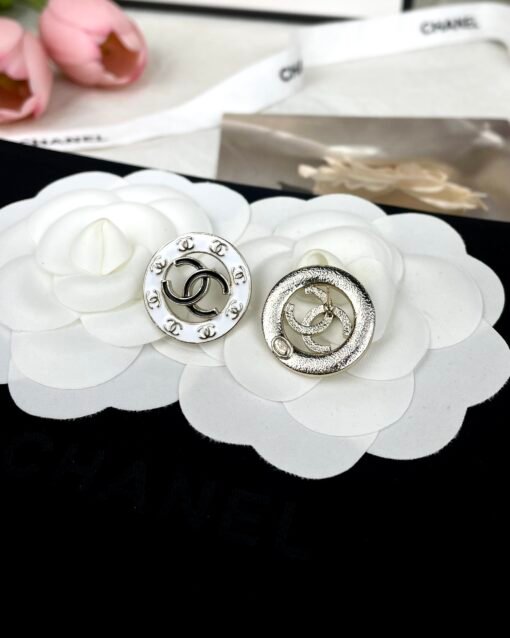 Chanel 24P white enamel hollow double C round stud earrings - Image 4