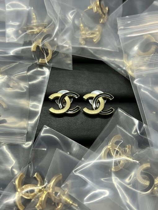 Chanel new black gold double c earrings