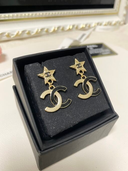 Chanel new style, medieval lava series, five-pointed star, black and gold high-end color matching, double C pendant, earrings - Image 8