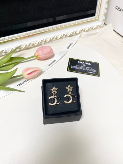 Chanel new style, medieval lava series, five-pointed star, black and gold high-end color matching, double C pendant, earrings - Image 9
