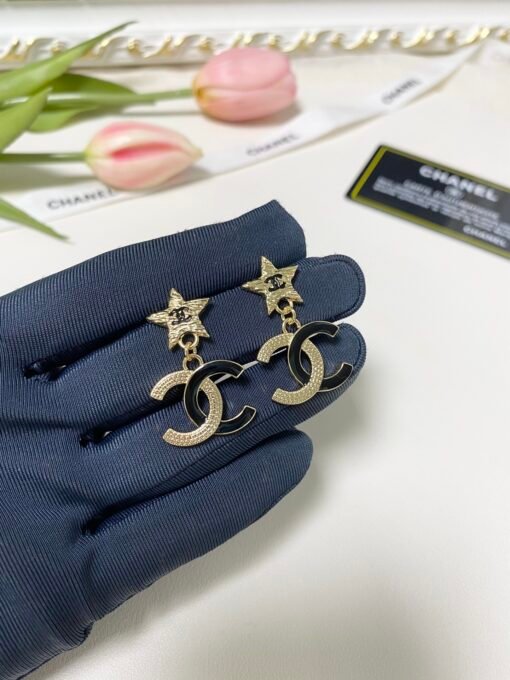 Chanel new style, medieval lava series, five-pointed star, black and gold high-end color matching, double C pendant, earrings - Image 2