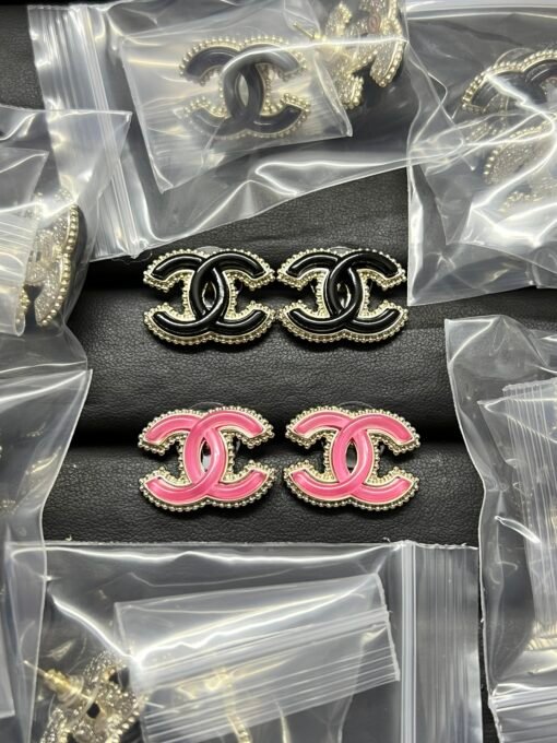 Chanel new black pink resin double C stud earrings