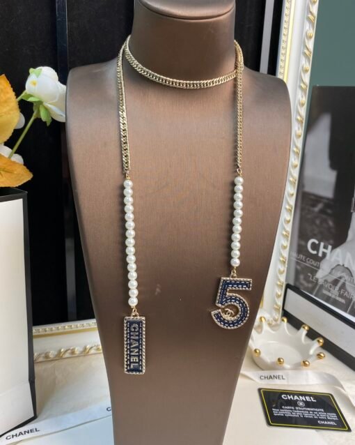 Chanel new style denim blue 5-character square card long necklace sweater chain