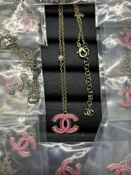 Chanel new transparent pink resin double c necklace