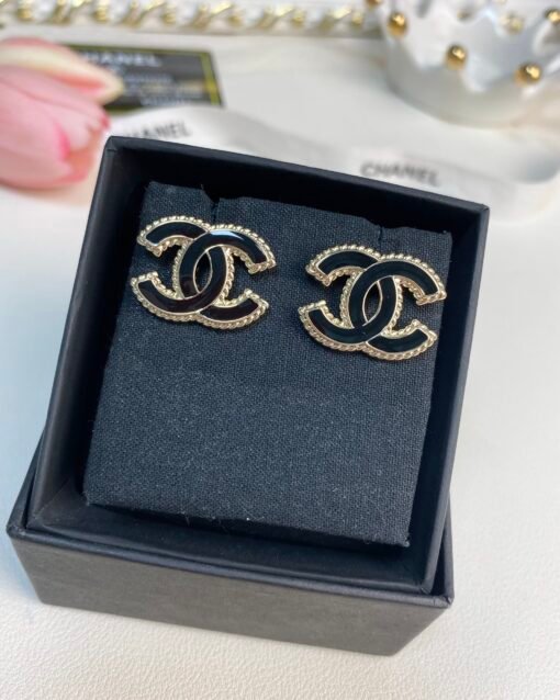 Chanel new style black enamel double C stud earrings