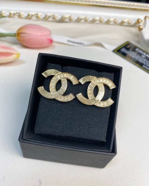 Chanel new style square diamond brass double C stud earrings