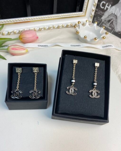 Chanel Black Enamel Double C Long Earrings - Image 2