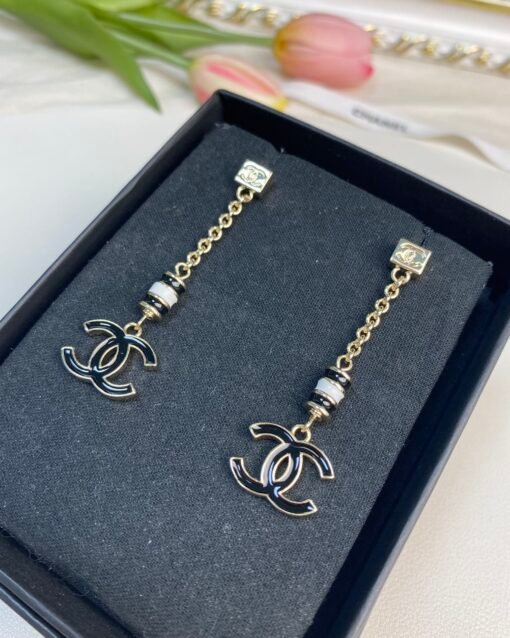 Chanel Black Enamel Double C Long Earrings - Image 4
