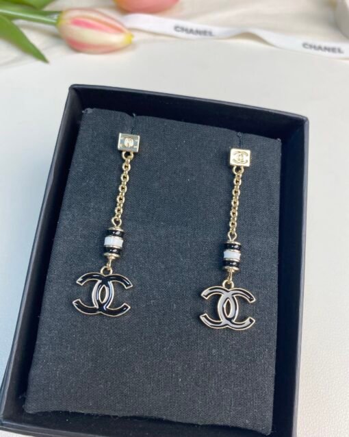 Chanel Black Enamel Double C Long Earrings