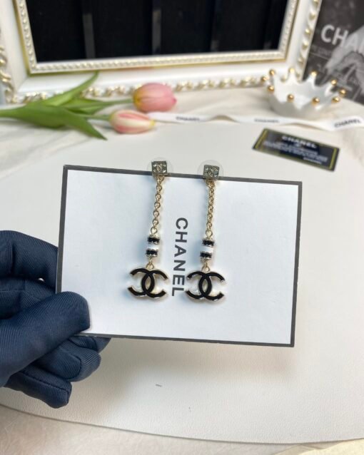 Chanel Black Enamel Double C Long Earrings - Image 3
