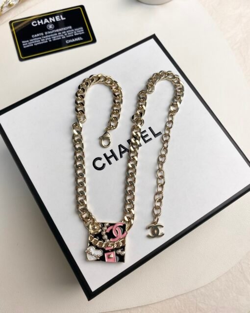Chanel new style black enamel multi-element perfume bottle double c square pendant necklace - Image 6