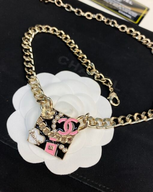 Chanel new style black enamel multi-element perfume bottle double c square pendant necklace - Image 3