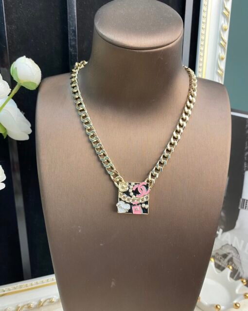 Chanel new style black enamel multi-element perfume bottle double c square pendant necklace - Image 5