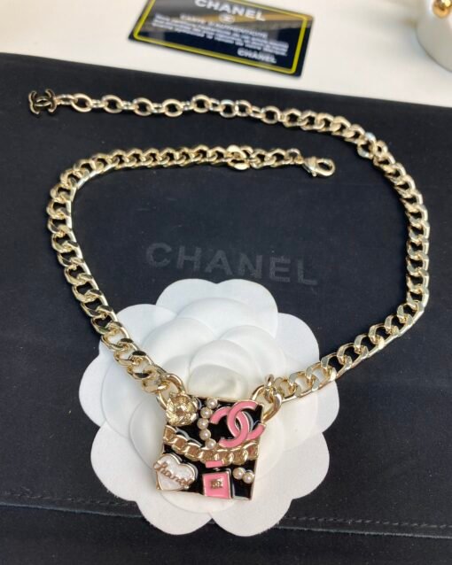 Chanel new style black enamel multi-element perfume bottle double c square pendant necklace - Image 2
