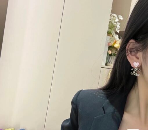 Chanel new style pink enamel peach heart black double C
 Pendant earrings - Image 6