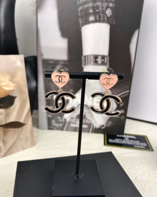 Chanel new style pink enamel peach heart black double C
 Pendant earrings - Image 9