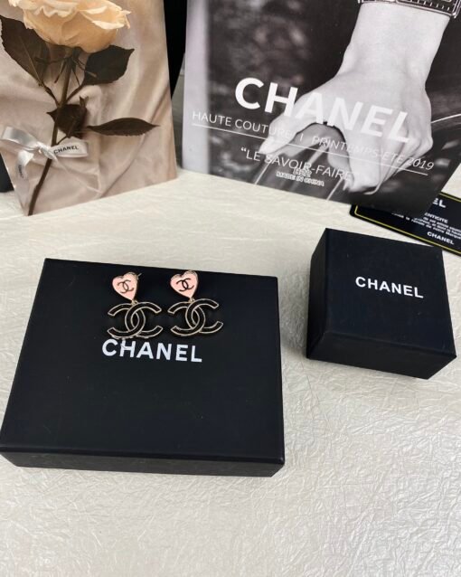 Chanel new style pink enamel peach heart black double C
 Pendant earrings - Image 8
