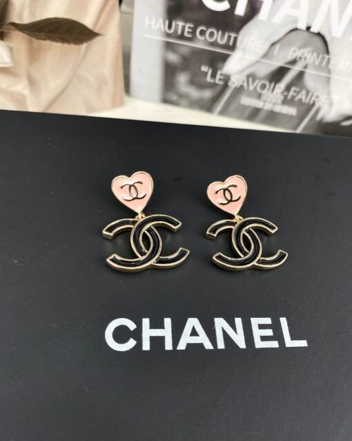 Chanel new style pink enamel peach heart black double C
 Pendant earrings