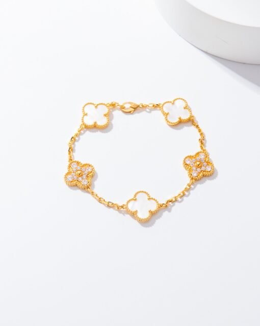 VCA Van Cleef Arpels Diamond White Mother-of-Pearl Five-Flower Bracelet - Image 4