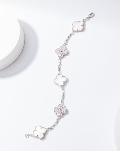 VCA Van Cleef Arpels Diamond White Mother-of-Pearl Five-Flower Bracelet - Image 7