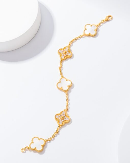 VCA Van Cleef Arpels Diamond White Mother-of-Pearl Five-Flower Bracelet - Image 6