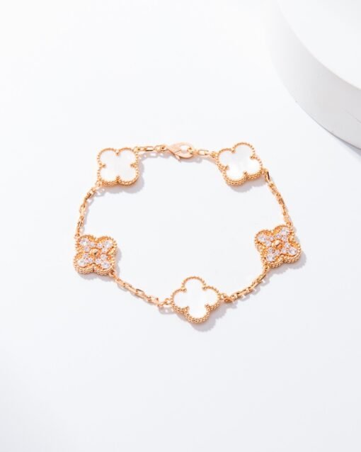 VCA Van Cleef Arpels Diamond White Mother-of-Pearl Five-Flower Bracelet - Image 2