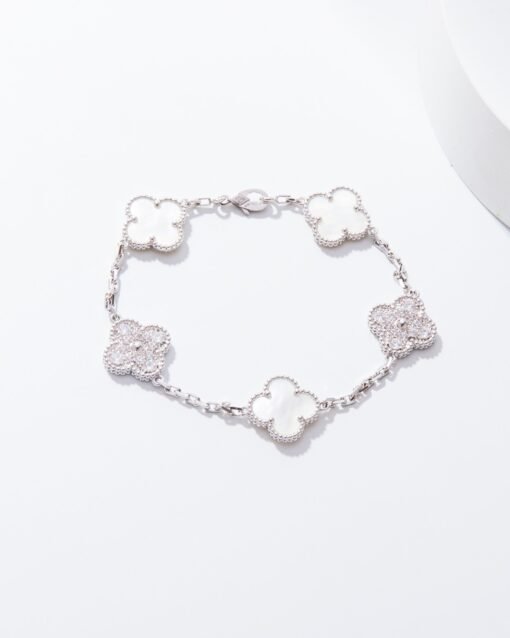 VCA Van Cleef Arpels Diamond White Mother-of-Pearl Five-Flower Bracelet - Image 3