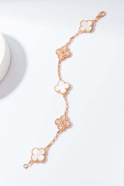 VCA Van Cleef Arpels Diamond White Mother-of-Pearl Five-Flower Bracelet - Image 5