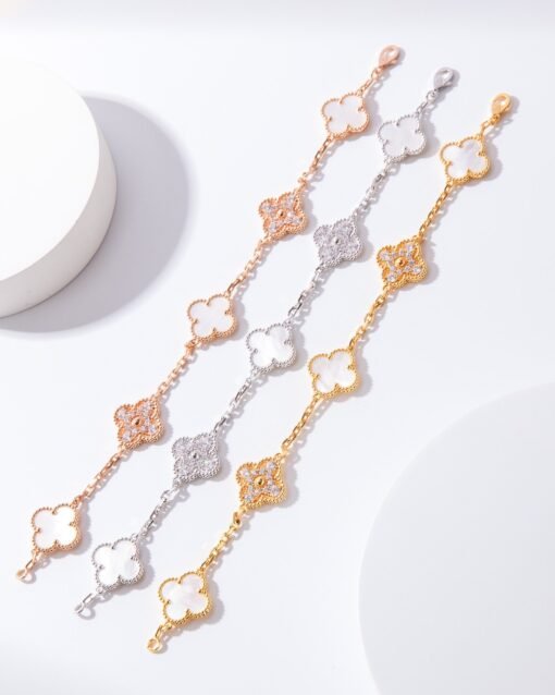 VCA Van Cleef Arpels Diamond White Mother-of-Pearl Five-Flower Bracelet