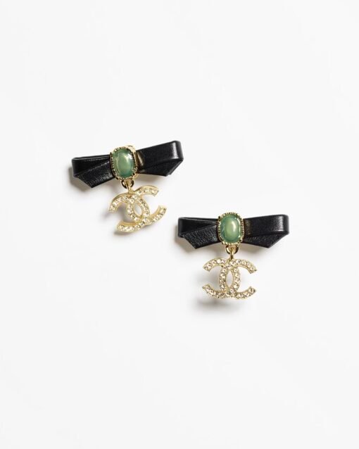 Chanel new style black leather bow green pearl double c diamond earrings