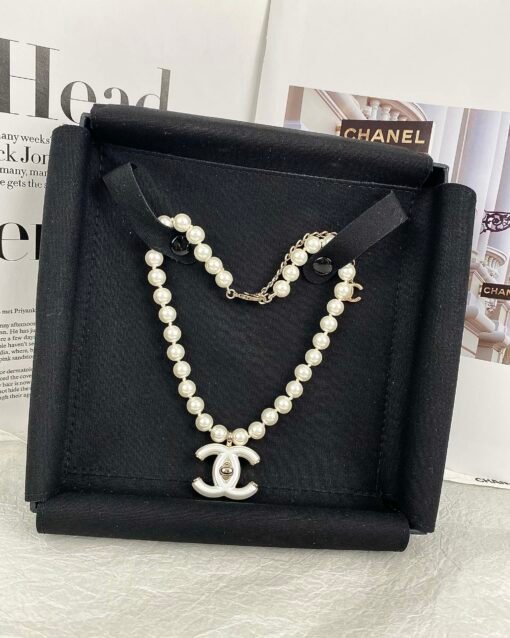 Chanel new white resin double c pearl necklace