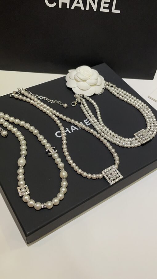 24s new pearl rhinestone square silver full diamond double C pearl necklace - Image 8