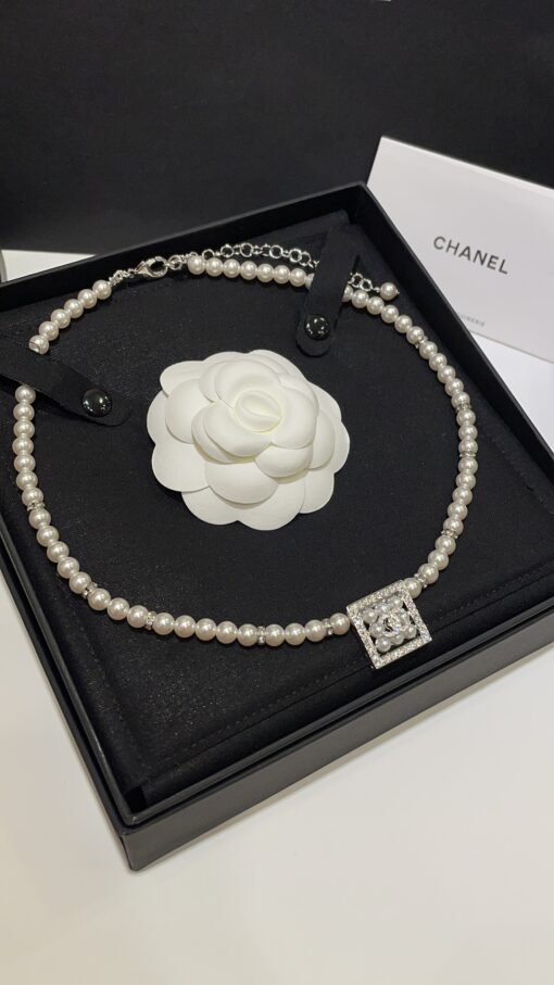 24s new pearl rhinestone square silver full diamond double C pearl necklace