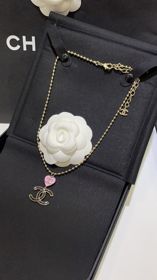 A new black enamel double C pink love light gold necklace