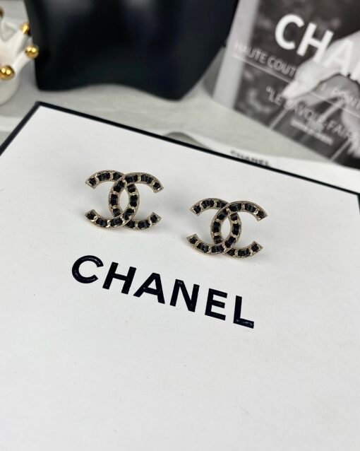 Chanel  Fashion Black Leather Double C Stud Earrings