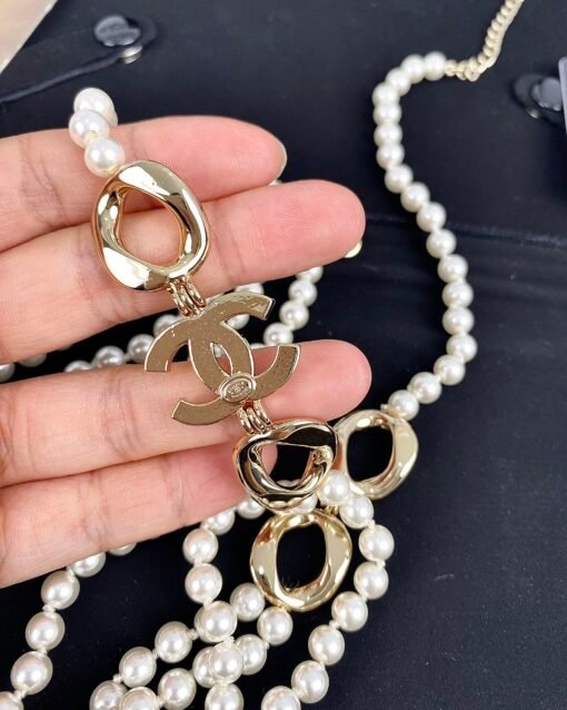 Chanel new style geometric oval letters diamond-set pearl double layer necklace sweater chain - Image 8