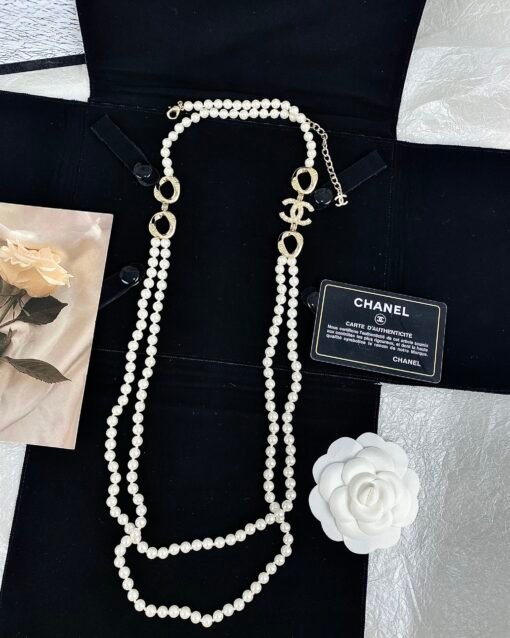 Chanel new style geometric oval letters diamond-set pearl double layer necklace sweater chain