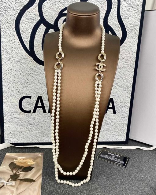 Chanel new style geometric oval letters diamond-set pearl double layer necklace sweater chain - Image 2