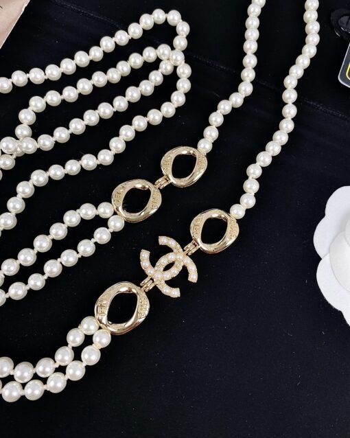 Chanel new style geometric oval letters diamond-set pearl double layer necklace sweater chain - Image 4