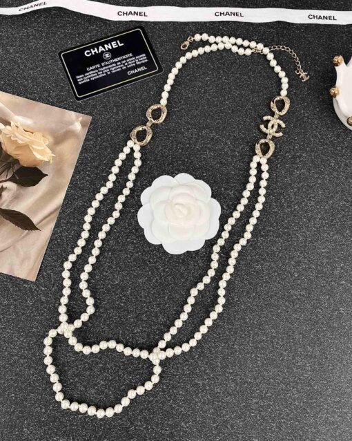 Chanel new style geometric oval letters diamond-set pearl double layer necklace sweater chain - Image 5